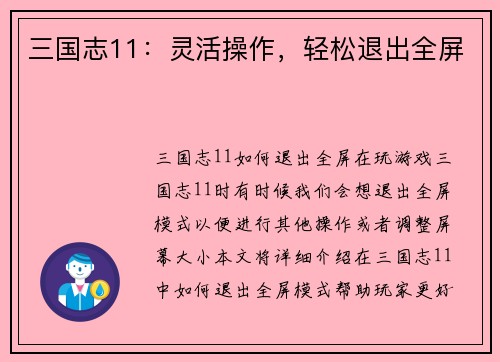三国志11：灵活操作，轻松退出全屏